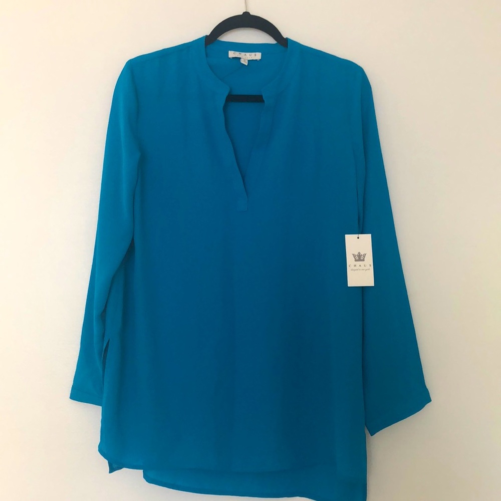 COPY - Womens Chaus Blue Polyester Top New Long Sleeve Sheer Side Slit Blouse